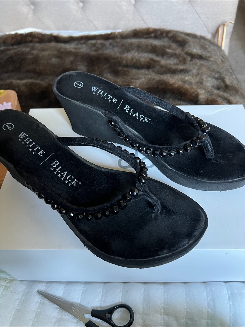 White House Black Market Black Beaded Wedge Sandals